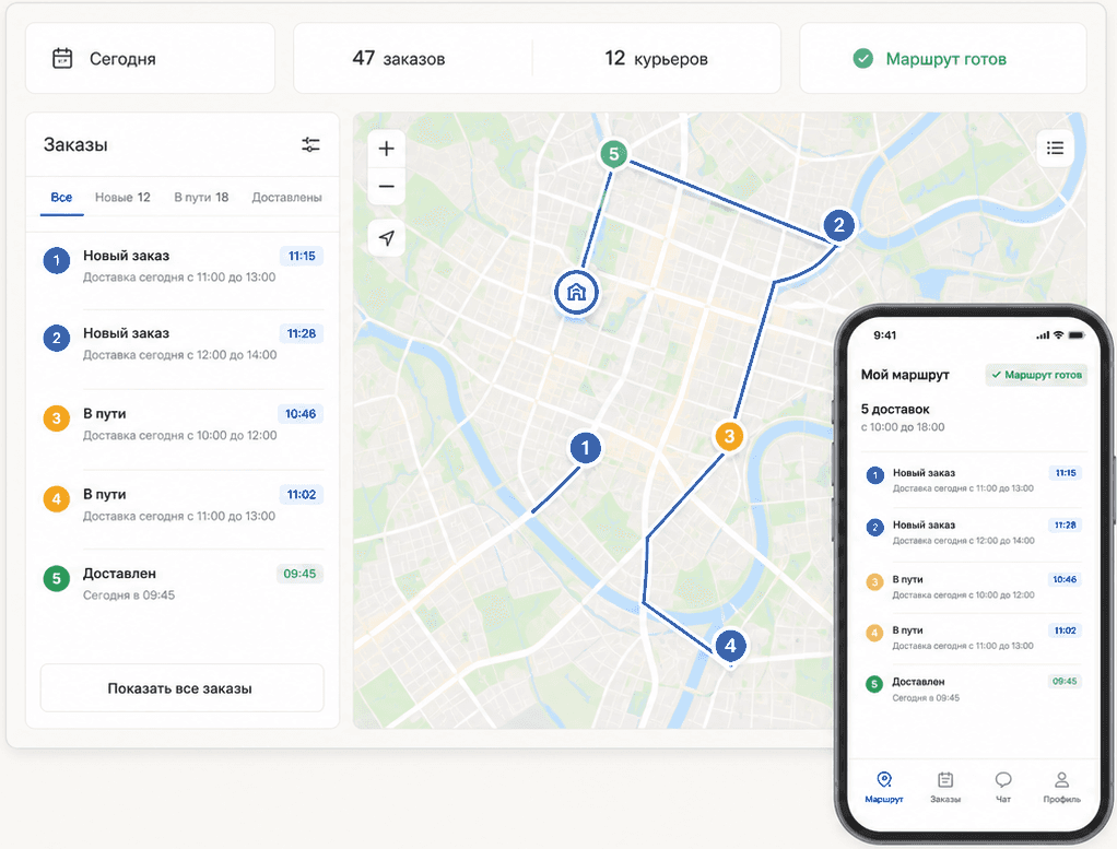 Интерфейс AxyGo: заказы, карта маршрута и приложение курьера
